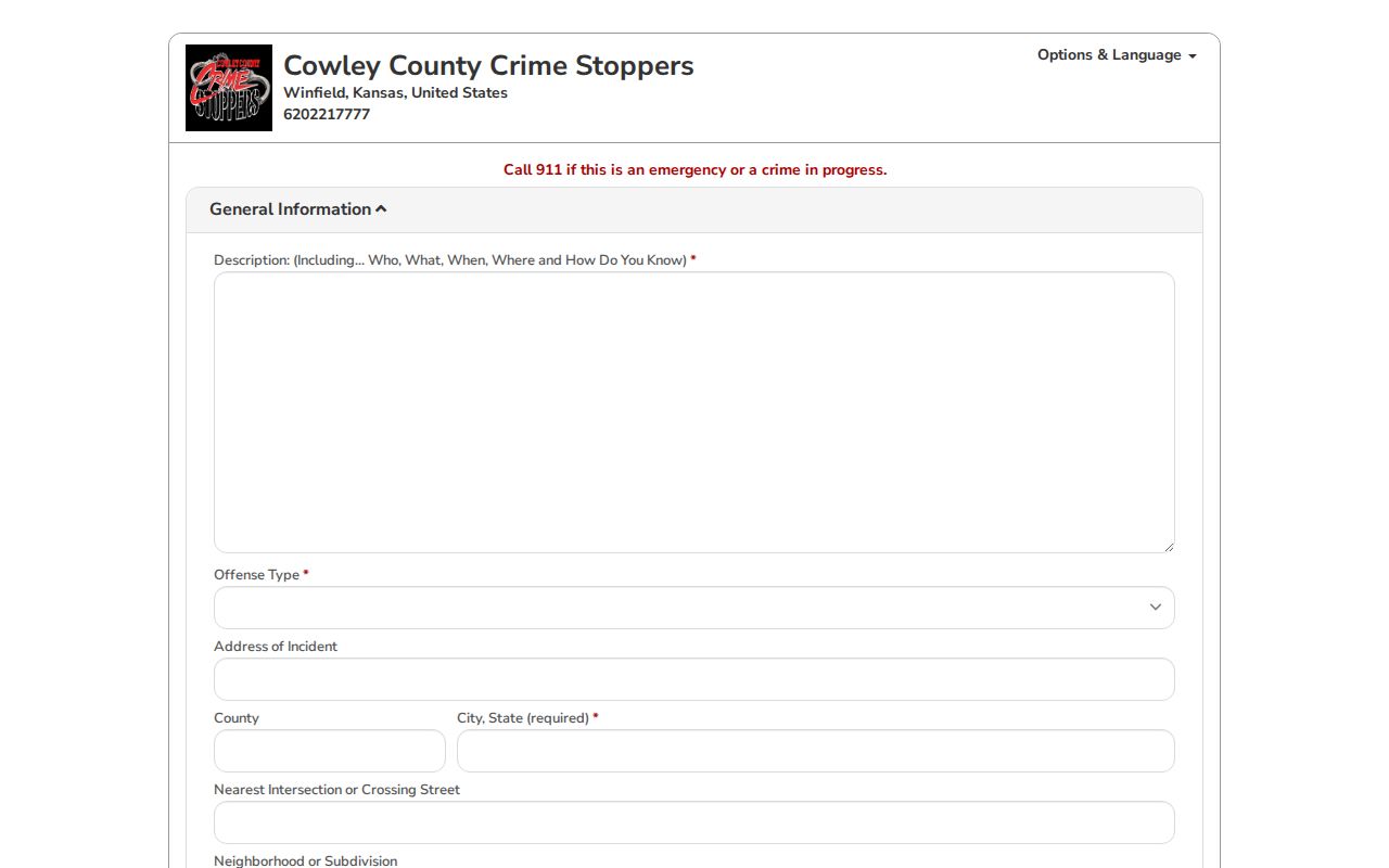 Cowley County wanted tip record form on P3